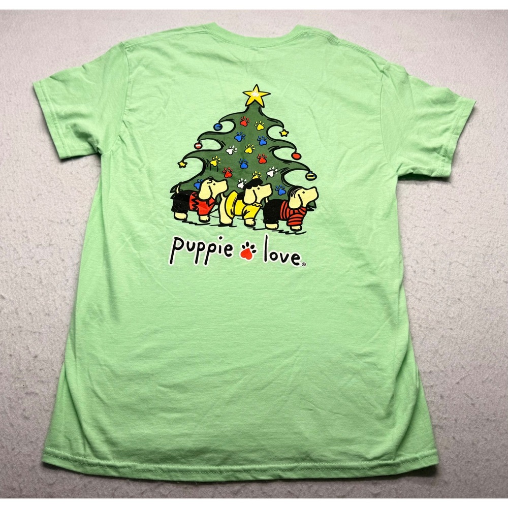 Puppie Love Mens Christmas Dog Graphic T-Shirt Green M Holiday Rescue Tee